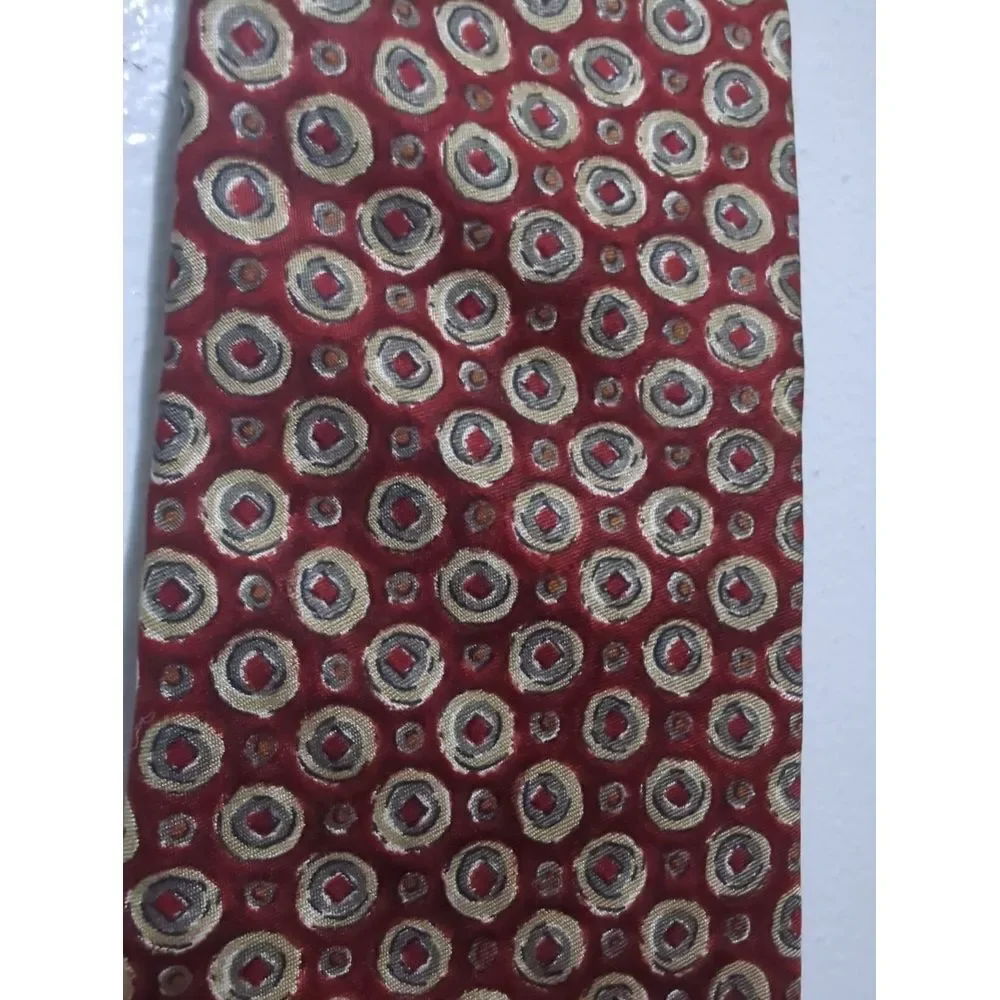 Lands End Mens Silk Tie Red Gold Geometric Medallion Hand‎ Sewn Made in USA